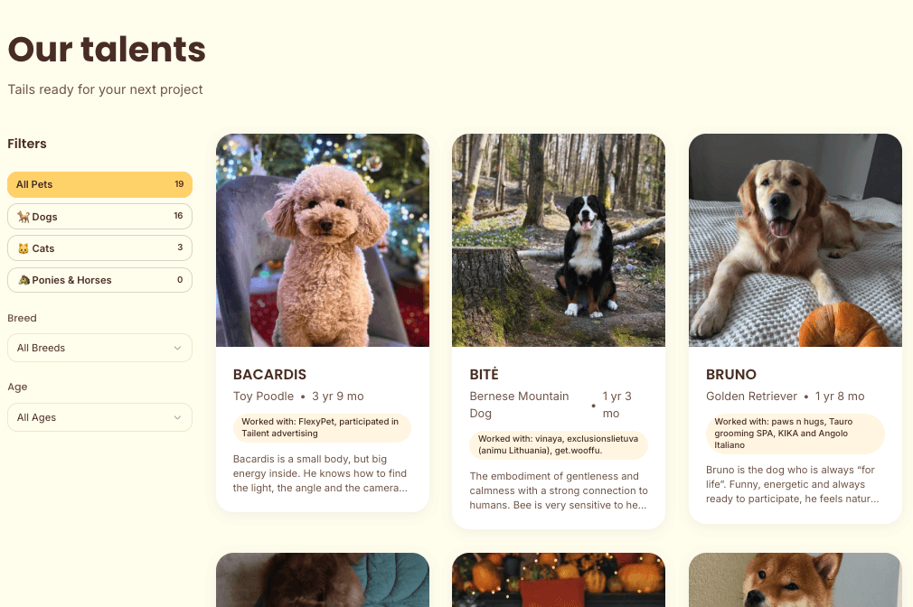 Pet talent agency catalog preview